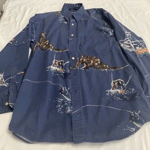 Vintage Nautica Shirt Mens Medium Blue Fishing Sailing Boating